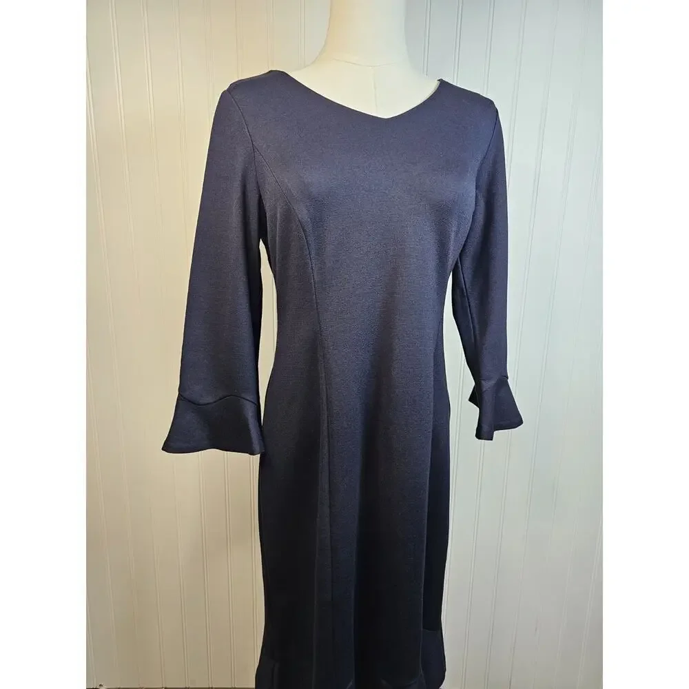 Talbots Flounce Refined Ponte‎ Sheath Dress Women’s Size 4P Navy Blue